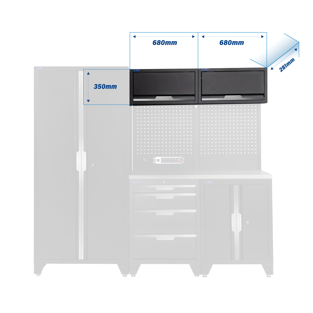 SGS 7pc Modular Garage Storage | 4 Drawers | Stainless Steel Worktop | Floor Cabinet | 2x Upper Cabinets | Tall Double Cabinet | Pegboard with Power Strip